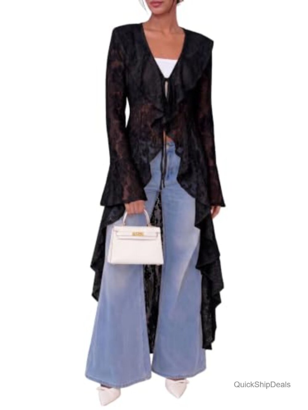 Lace Maxi Cardigan Duster Women Open Front Tie Bell Sleeve Ruffled Swimsuit